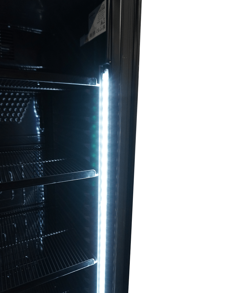 RÉFRIGÉRATEUR 1 PORTE EN VERRE 382L NOIR SANS CANOPY COMBESTEEL 7464.0094